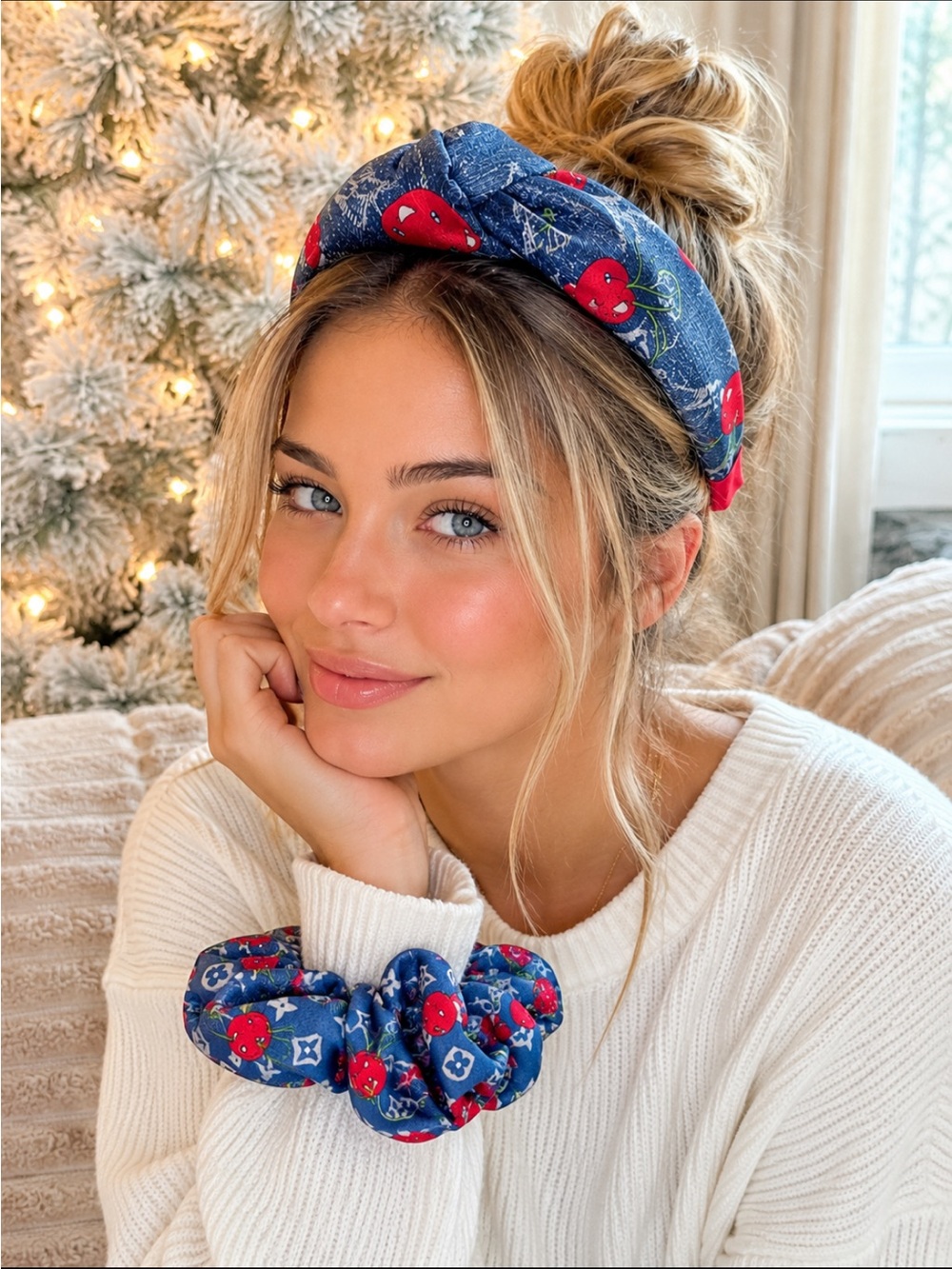 Fashion Blue Cherry Print  Headband & Scrunchie Set